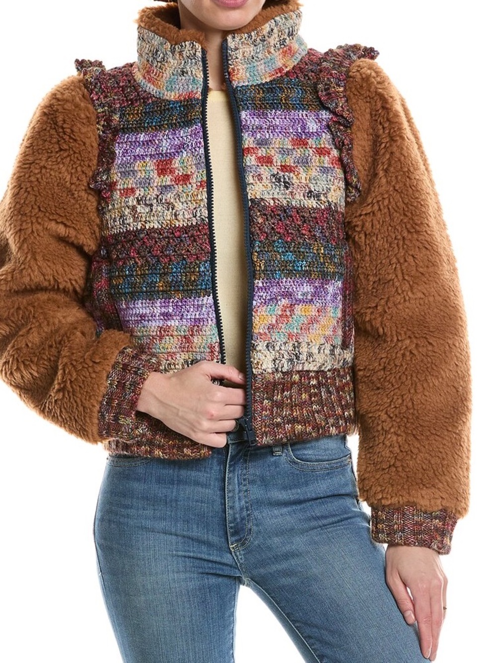SEA NEW YORK FELICITY fleece & crochet WOOL BLEND JACKET - MULTI COLORED XS